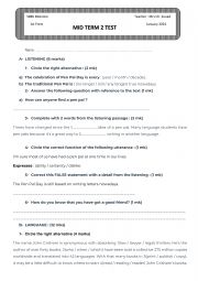 English Worksheet: Mid Term 2 Test 1st Form