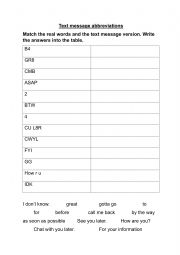 English Worksheet: Text message abbreviations