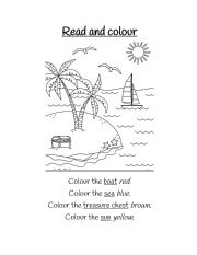 English Worksheet: Read and Colour Beach