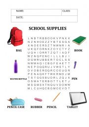 English Worksheet: SCHOOLS SUPPLIES WORDSEARCH