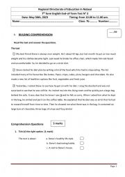English Worksheet: End of term test 3 7th form Regional 2023
