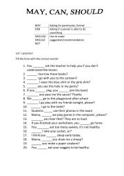 English Worksheet: Modal verbs exercise, May, Can, Should