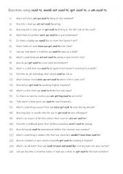 English Worksheet: Questions using: used to, would, not used to, get used to, & am used to