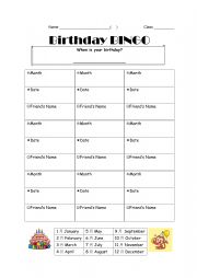 English Worksheet: Birthday BINGO Worksheet suitable for Elementary to Intermediate. (Editable)