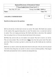 English Worksheet: end of term test 3 regional Nabeul 2024 7th form