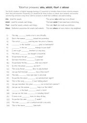 English Worksheet: Relative pronouns: who, which, that & whose