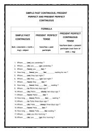 English Worksheet: Simple Past Continuous, Present Perfect and Present Perfect Continuous Minimal Exercise