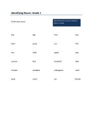 English Worksheet: Identifying Nouns- Grade 1