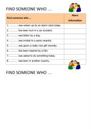 English Worksheet: Find someone who - Passive voice - Speaking activity