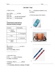 English Worksheet: Unit 1 Test docx a1 beginner (ESL)