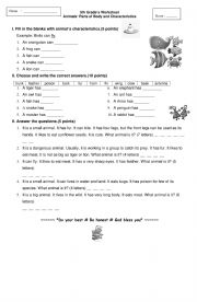 English Worksheet: 5th grade worksheet animals part of body and characteristics