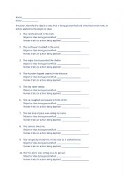 English Worksheet: Personification Worksheet