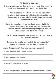 English Worksheet: Reading Comprehension: The Missing Cookies