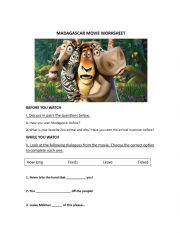 English Worksheet: Madagascar Movie Worksheet