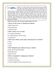 English Worksheet: Diabetes-Reading Comprehension
