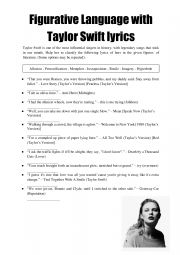 English Worksheet: Figurative Language with Taylor Swift lyrics