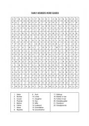 English Worksheet: Family members word search