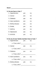 English Worksheet: Medical History Form