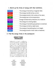 English Worksheet: Forms of Energy 