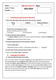 English Worksheet: mid term exam 7th grade n 3 