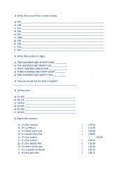 English Worksheet: Numbers 1 to 1000 and Telling the Time