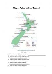 English Worksheet: Map of Aotearoa New Zealand