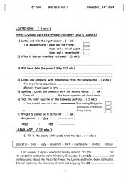 English Worksheet: Mid Term Test 1 8th form 