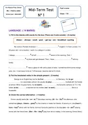 English Worksheet: Mid-term test n1 for 7th formers