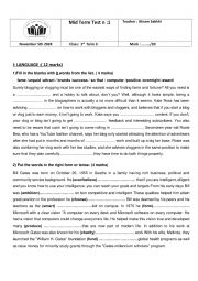 English Worksheet: Mid term test n:1 LEVEL ONE