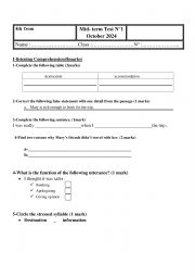 English Worksheet: mid term test n1 4th form