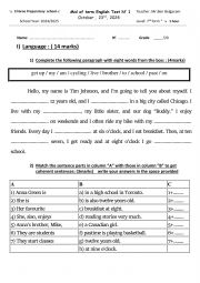 English Worksheet: mID TERM TEST 1 FOR SEVENTH FORM