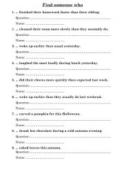 English Worksheet: Find someone who .... past simple, adverbs + autumn vocabulary