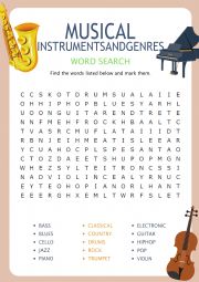 English Worksheet: Crossword - Musical Instruments