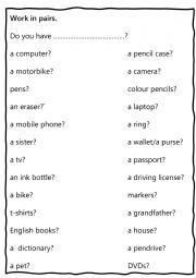English Worksheet: YES /  NO questions : Do you have ......... ?
