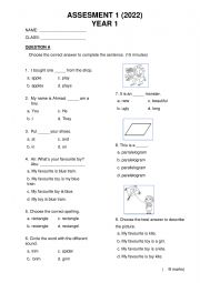 English Worksheet: YEAR 1_ASSESSMENT