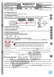 English Worksheet: Mid-term test 2 for 7th form (Tunisia)