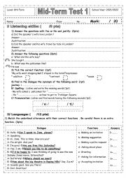 English Worksheet: Mid-term test 1 8th Form