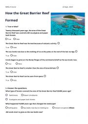 English Worksheet: How the great barrier reef formed