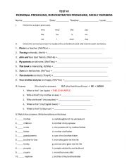 English Worksheet: TEST: PERSONAL PRONOUNS, DEMONSTRATIVE PRONOUNS, FAMILY MEMBERS