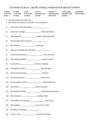 English Worksheet: A2+ -B1 20 adverbs of place  specific settings, metaphorical & abstract locations