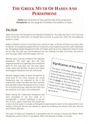 English Worksheet: The Myth of Hades and Persephone
