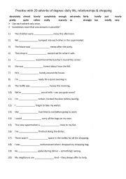 English Worksheet: A2-B1 Practise with 20 adverbs of degree daily life, relationships & shopping