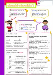 English Worksheet: should or shouldnt (Answer key included )