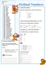 English Worksheet: Ordinal Numbers with Garfield (Answer key included)