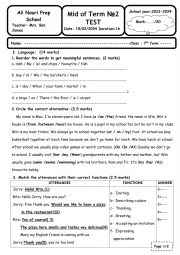 English Worksheet: MID OF TERM PAPER 7TH FORM
