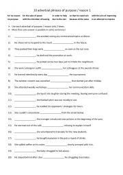 English Worksheet: B1+-B2 10 adverbial phrases of purpose  reason 1