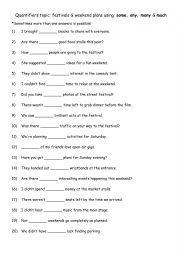 English Worksheet: Quantifiers topic festivals & weekend plans using some, any, many & much