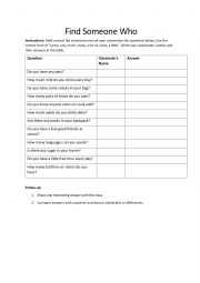 English Worksheet: Find someone who