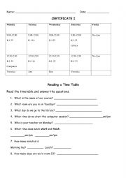 English Worksheet: Reading a Timetable