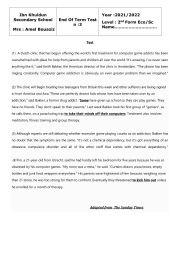 end term test 3 2nd form - ESL worksheet by amelbouaziz